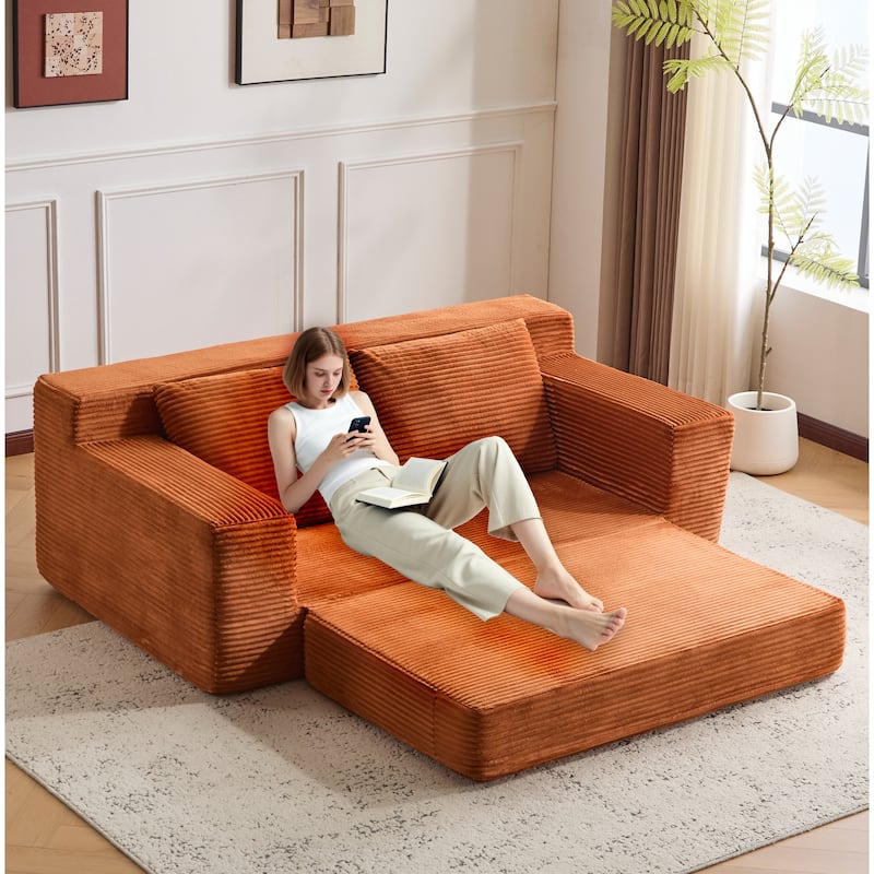 Floor Corduroy Deep Seat Loveseat Sofa with Folding Mattress Convertible Sleeper Sofa Bed with Reversible Cushion and Pillows