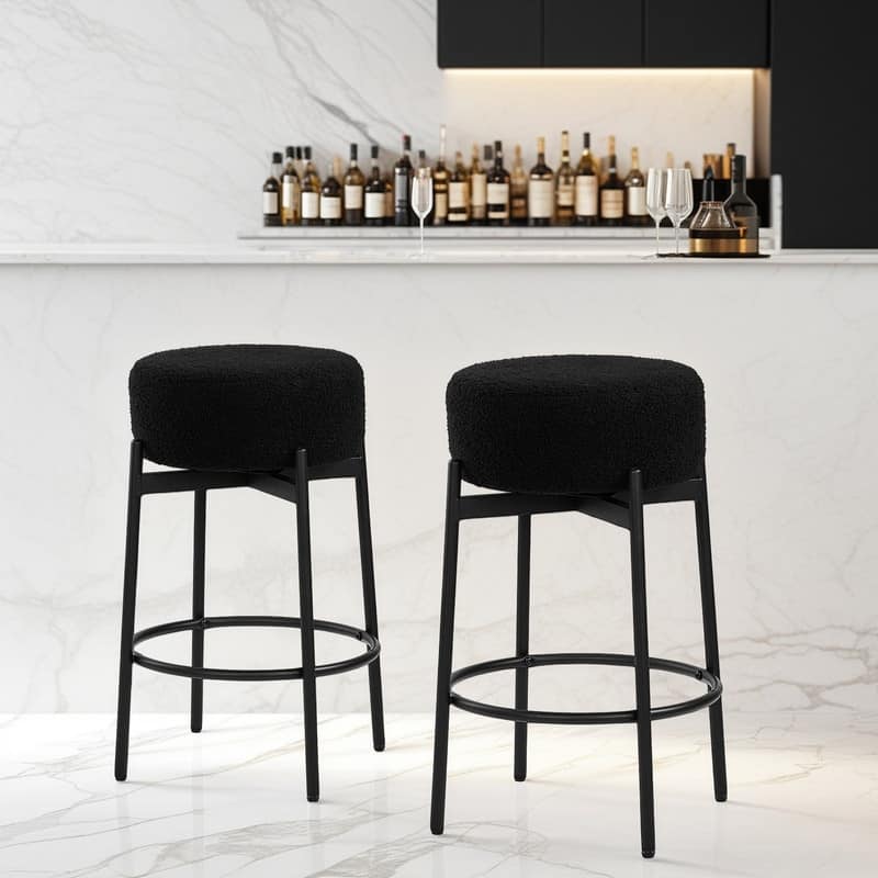 24/26 - Inch Swivel Bar Stools with Teddy Fleece Seat and Powder - Black - Set of 2 - Extra Tall
