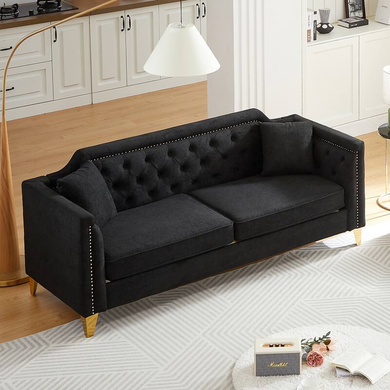 Chenille Sofa with Golden Metal Legs, 3-Seater Couch with Solid Wood Frame and 750 lbs Capacity