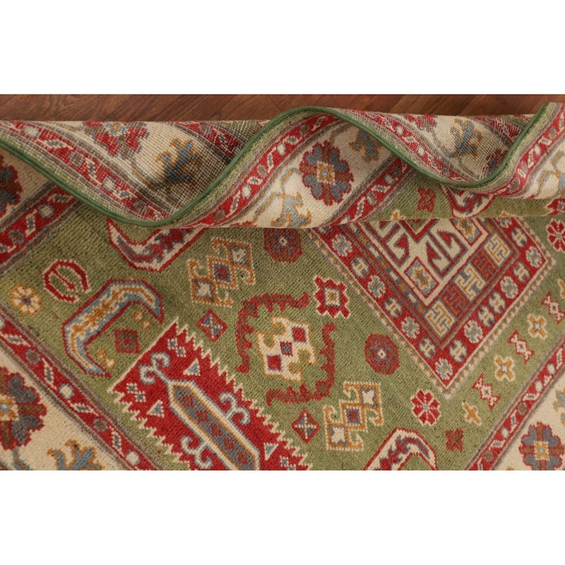 Light Green Geometric Kazak Accent Rug Handmade Wool Carpet - 3'4" x 4'7"