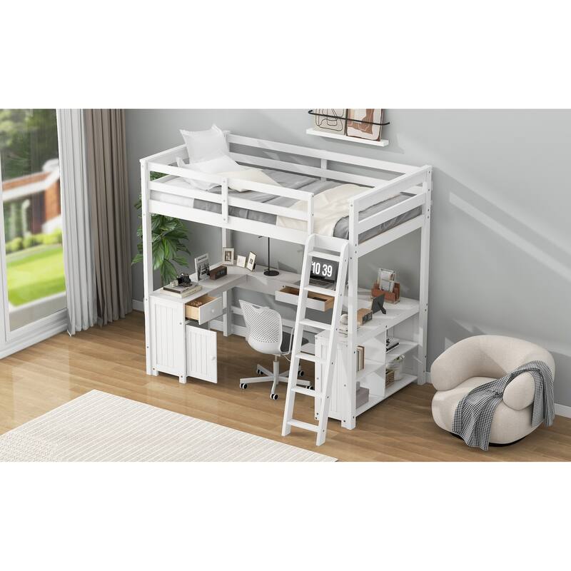 Full Size Loft Bed with U-shaped Desk, Drawers, and Storage Shelves in White