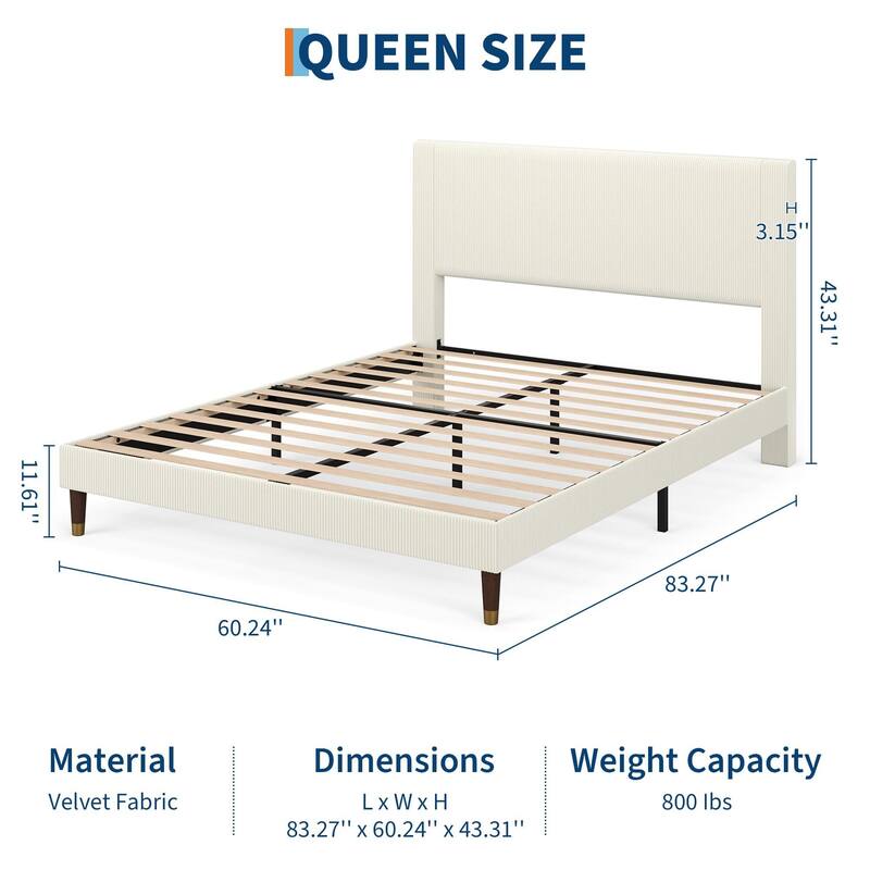 Upholstered Platform Bed Frame, Fabric Headboard and Wooden Slats
