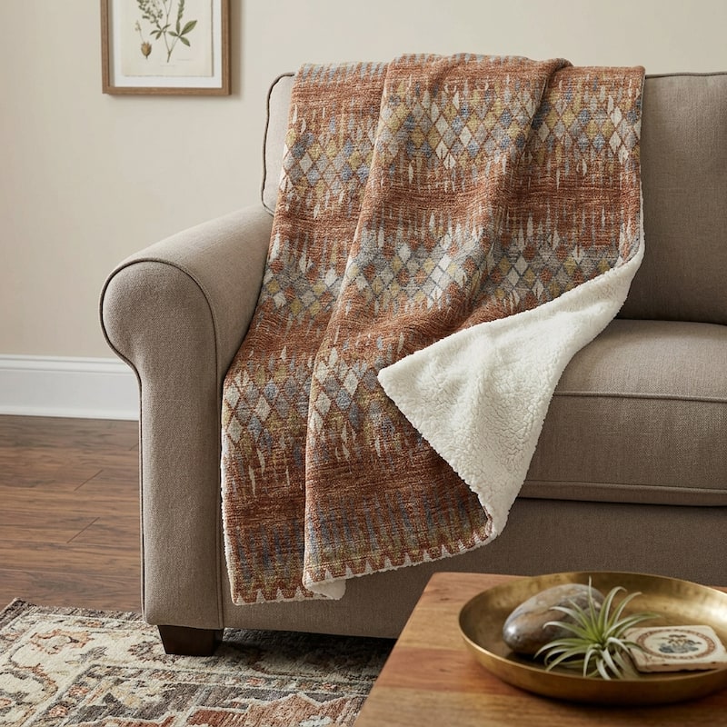 HomeRoots 50" X 70" Cinnamon Gold And Blue Geometric Polyester Woven Plush Throw Blanket - Throw - Blue/Cinnamon/Gold