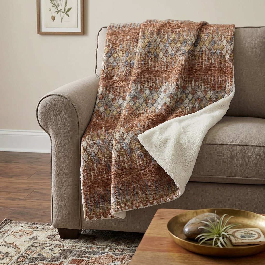 HomeRoots 50" X 70" Cinnamon Gold And Blue Geometric Polyester Woven Plush Throw Blanket