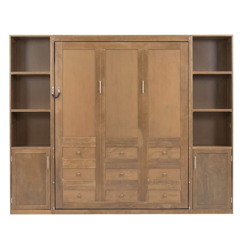 Queen Murphy Bed Wall Bed with Open Shelves and Enclosed Cabinets on Sides Multifunctional Space-Saving Solution for GUest Room