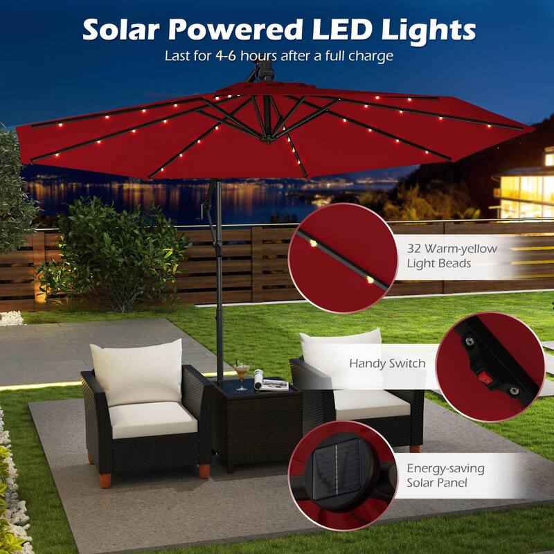 Costway 10 FT Solar Offset Hanging Umbrella Patio Cantilever Umbrella