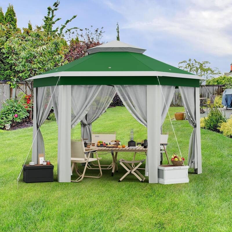 Pop Up Gazebo, Hexagonal Canopy Shelter with 6 Zippered Mesh Netting, Event Tent with Strong Steel Frame