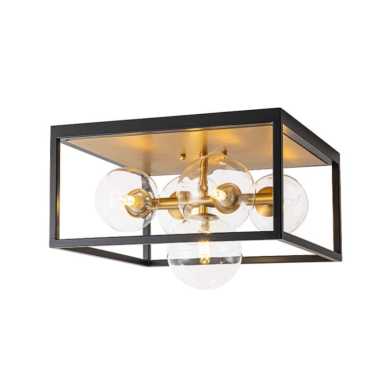 5-Light Dining Room Square Flush Mount With Clear Glass Globe Shade - 14.2in