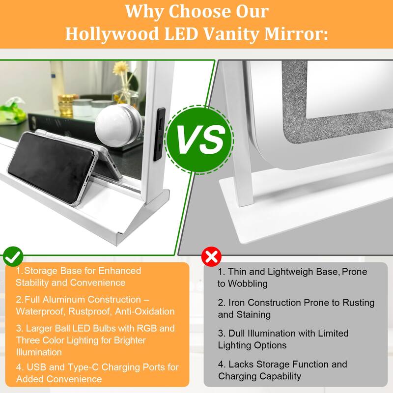 Hollywood LED Makeup Mirror Desktop Bluetooth RGB Vanity Mirror with USB Charging Port