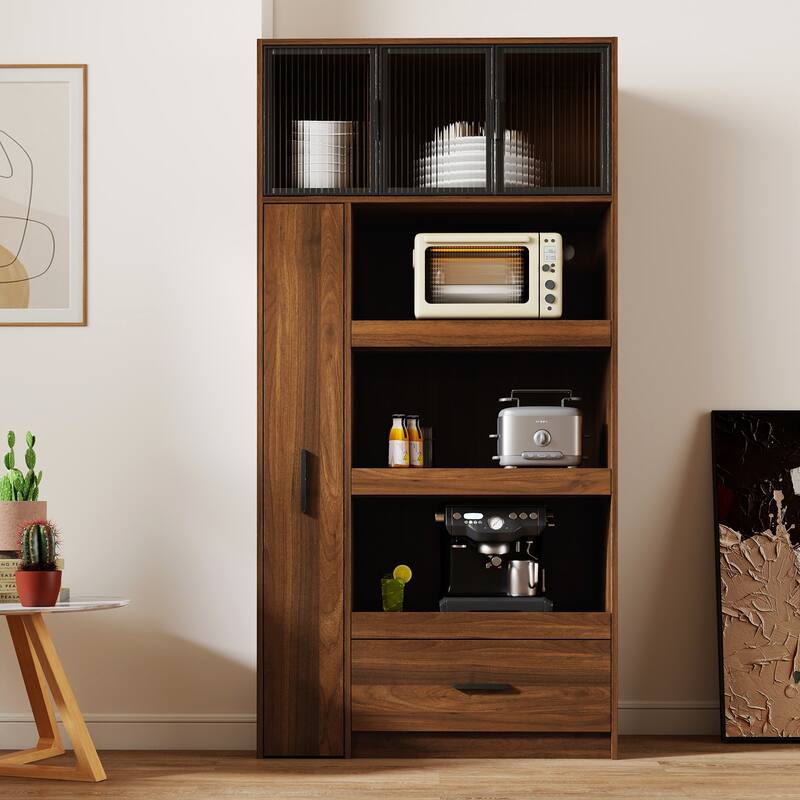 GDFStudio - Harry 70.87" Freestanding Multi-Function Pantry Cabinet with Pull-Out Shelves, Drawers & Microwave Stand