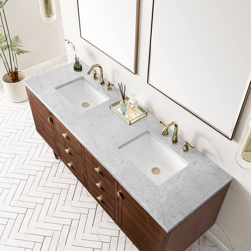 James Martin Vanities Amberly 72" Double Vanity, Mid-Century Walnut - Carrara Marble