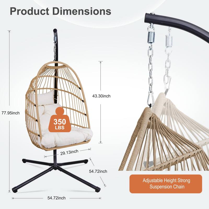 Outdoor Egg Hanging Chair, Swing Chair with Stand & Aluminum-Steel Frame, Patio Rattan Wicker Hanging Swing Egg Chair