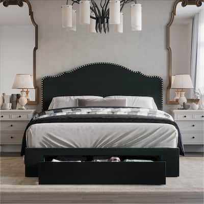 CraftPorch Transitional Linen Nailhead Upholstered Storage Bed