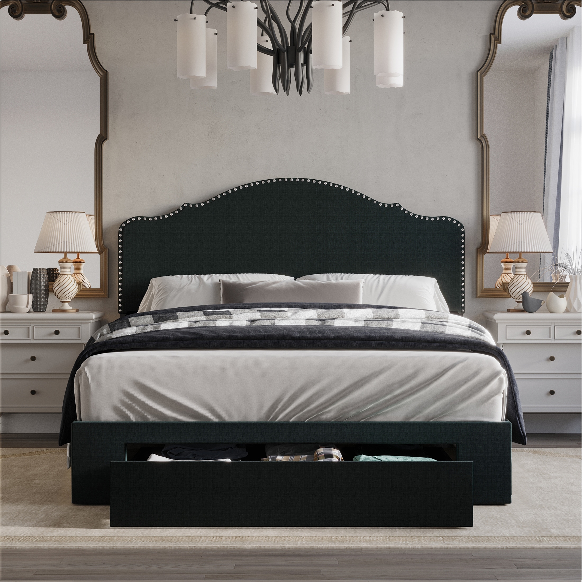 CraftPorch Transitional Linen Nailhead Upholstered Storage Bed