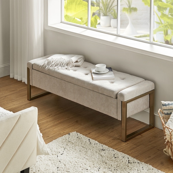 Alina Modern Upholstered Flip Top Storage Bench with Metal