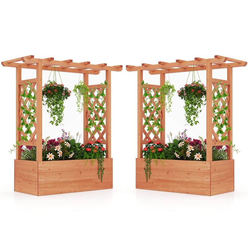 Costway 1/2 PCS Wooden Raised Garden Bed with Trellis & Hanging Roof - 2 PCS