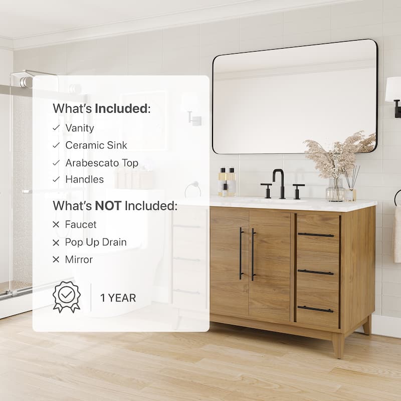 Graham 48"W Oak Bath Vanity with WH Arabescato Engineered Stone Top