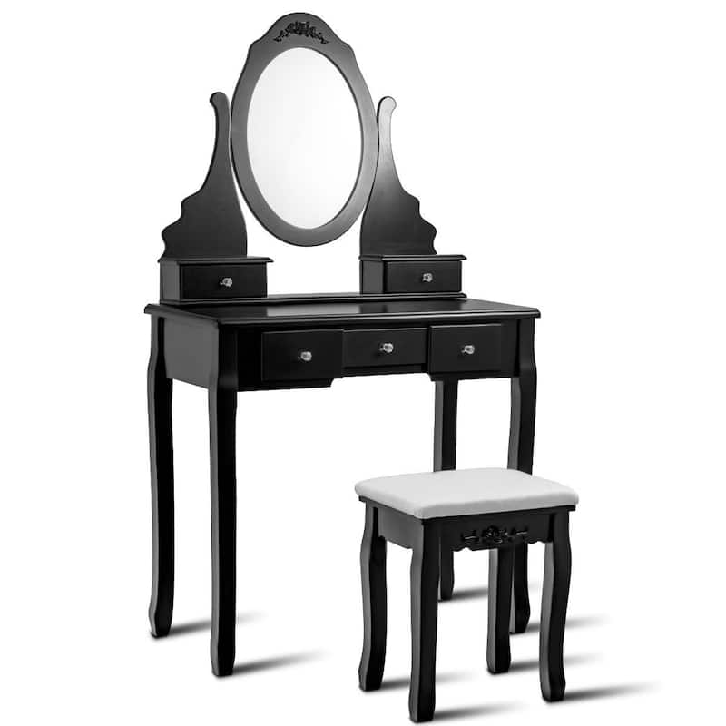 Wooden Vanity Set with 360-deg Rotating Oval Mirror and Cushioned Stool-Black - 31.3" x 15.7" x 55.9" (L x W x H)