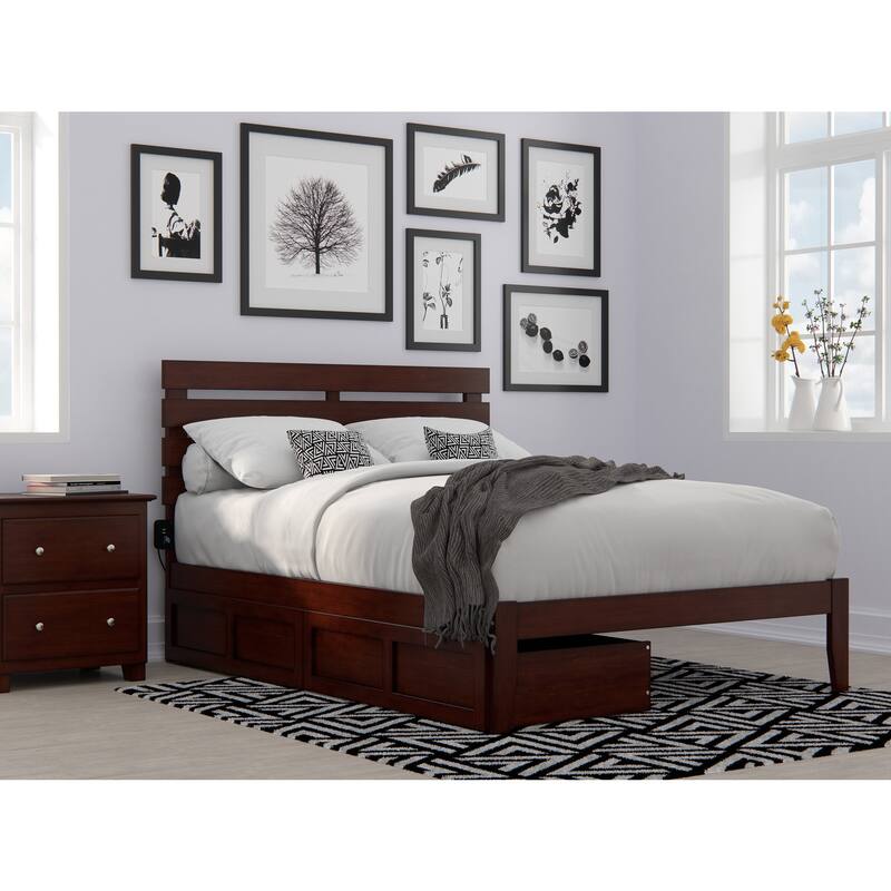 Full Walnut Platform Bed with USB Turbo Charger, Two Rolling Storage Drawers, and Durable Slat Support