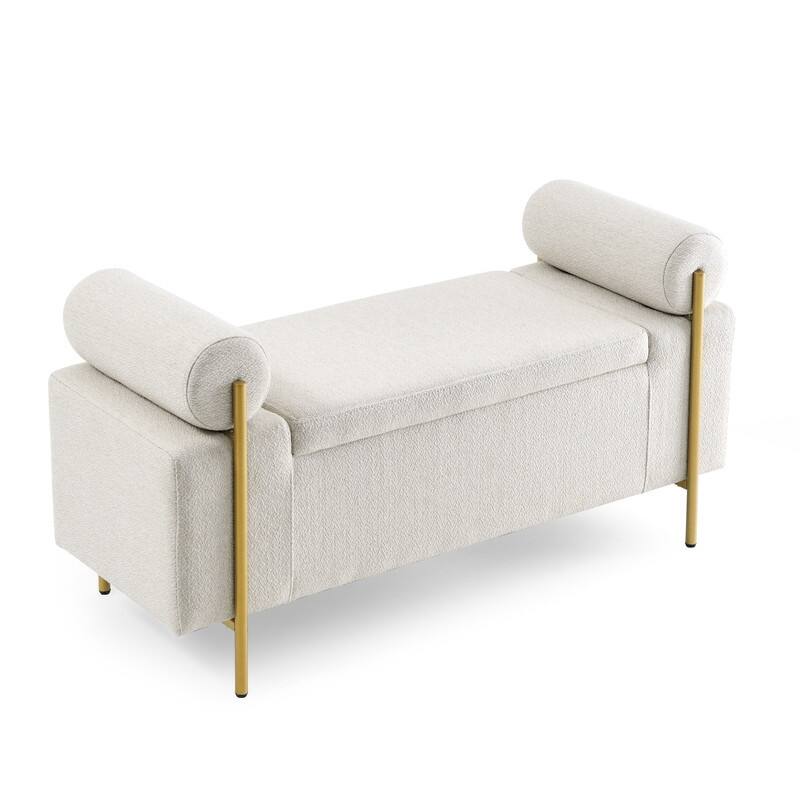 Morden Velvet Upholstered Storage Ottoman Bench, Elegant Footstool with Rolled Arms and Iron Legs for Bedroom, Hallway