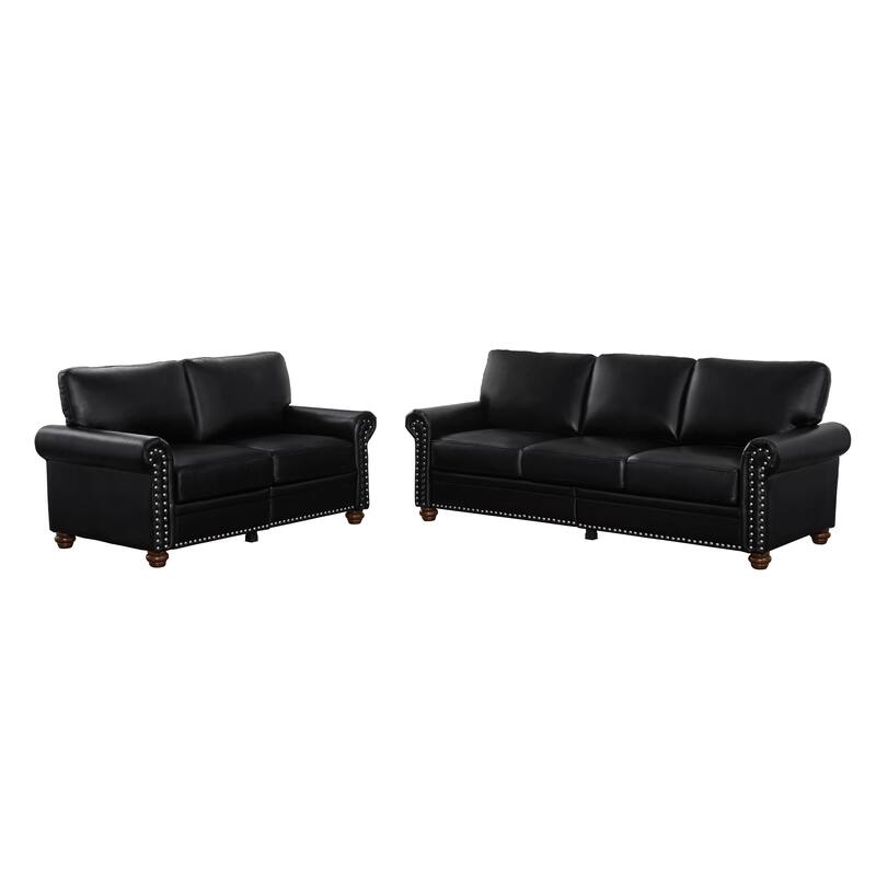 2-Pieces Mid-Century Modern Faux Leather Sofa Set with Storage, 3+2 Seater