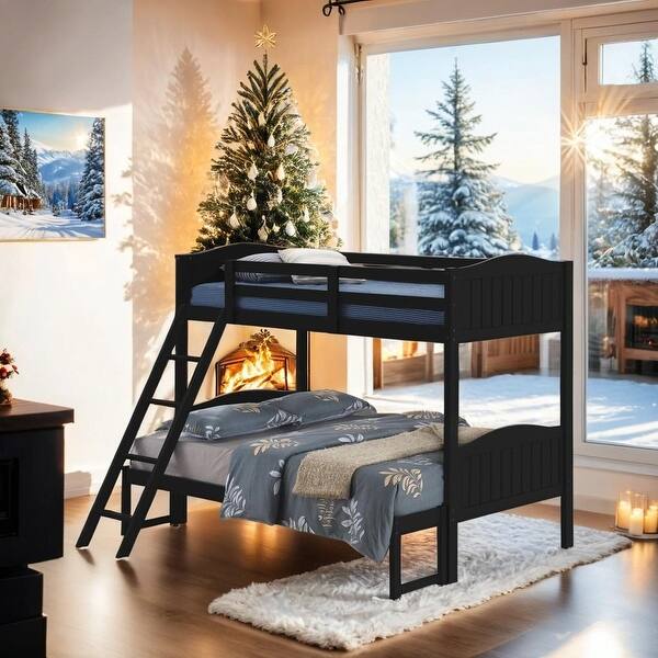 slide 2 of 6, Twin over Full Bunk Bed with Camelback Headboard & Guardrails, Black Black