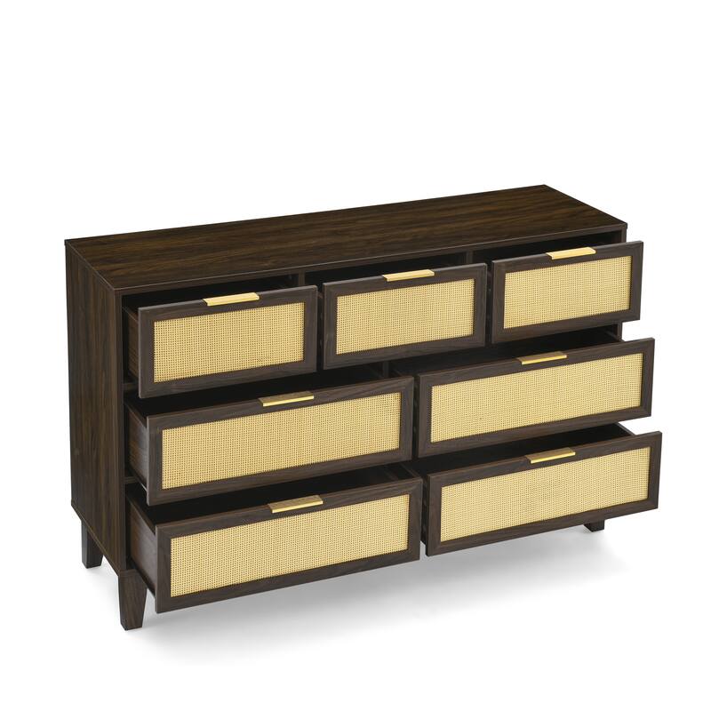 Modern Rattan Dressing Wooden Storage Cabinet with 7 Spacious Drawers, for Bedroom, Living Room and Hallway