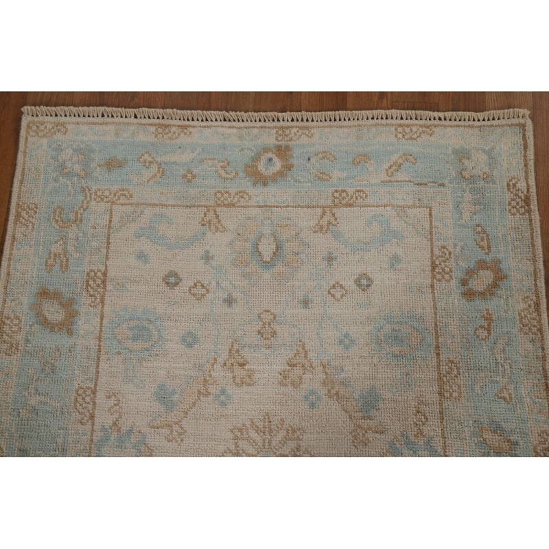 Hand Knotted Oriental 100% Wool Carpet Transitional Geometric Beige & Ivories Oushak Area Rug - 3' 11'' X 2' 11''