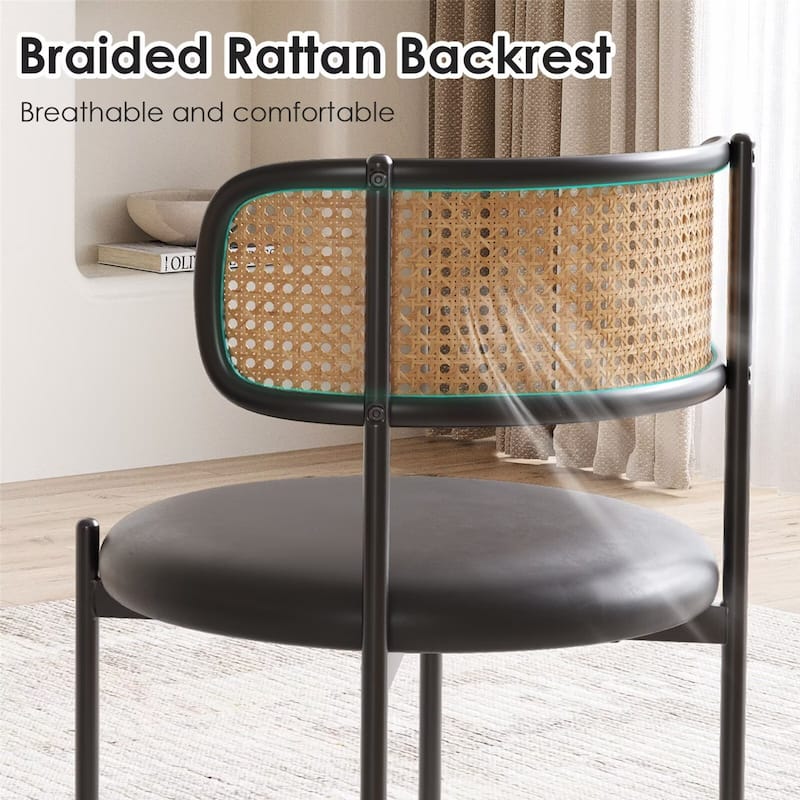 PU Leather Upholstered Seat Dining Chairs with Woven Rattan Back (Set of 2)