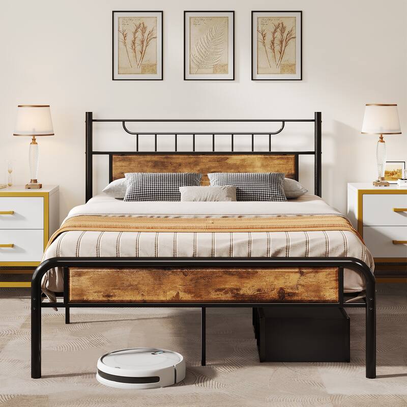 Moasis Queen Size Platform Bed Frame with Headboard & Footboard Full Bed Frame with Storage Space Under Frame