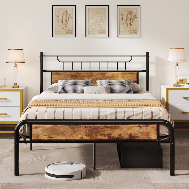 Moasis Wood and Metal Platform Bed Frame with Headboard Twin/Full/Queen Size - Black/Brown - Queen