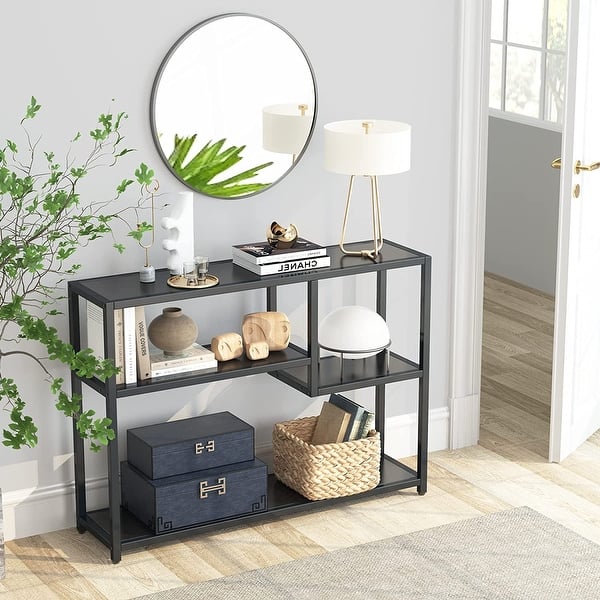 43 Inch Console Table With 2 Drawers & Shelves - Entryway Sofa Table For Living Room, Hallway, Kitchen | Grey Farmhouse Style, Sturdy MDF & Metal