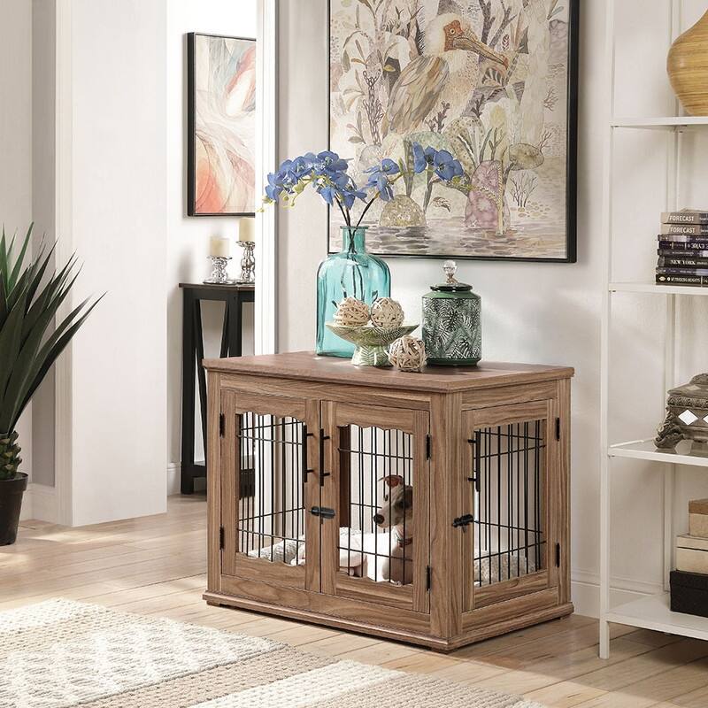 unipaws Pet Crate End Table, Double Doors Dog Kennel with Pet Bed