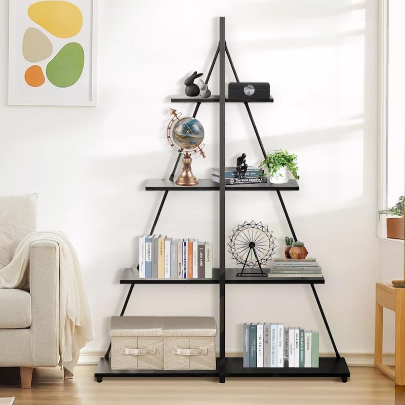 4-Tier A-Frame Ladder Bookshelf, Brown Stylish Ladder Bookcase - Black