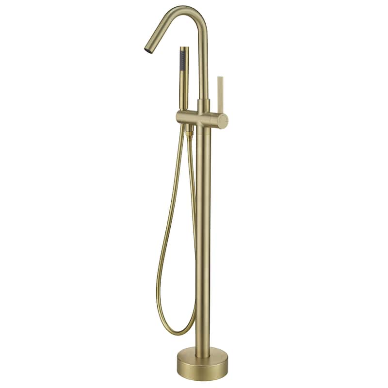 45"H Solid Brass Single Handle Floor Mounted Freestanding Tub Filler with Handheld Shower - Brushed Gold