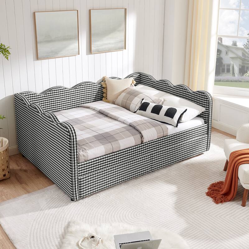Full/Queen Gingham Daybed with 2 Storage Drawers, USB Port & Wave Shaped Linen Fabric