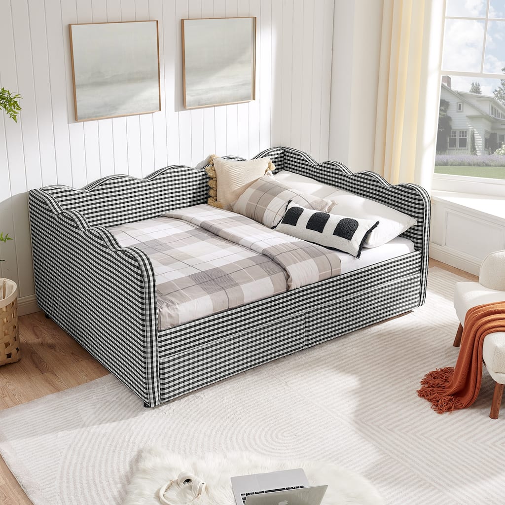 Full Size Upholstery Daybed with 2 Storage Drawers and USB Port, Linen Fabric Sofa Bed with Plaid Pattern and Wavy Silhouette
