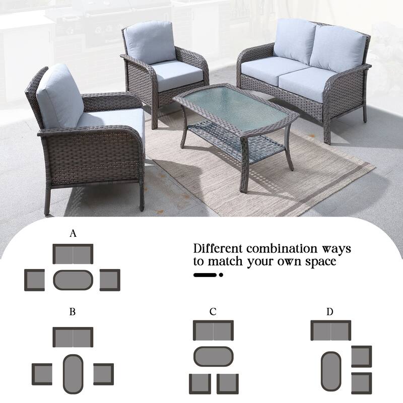 HOOOWOOO 4-piece Wicker Outdoor Conversation Sofa Set with Glass Coffee Table
