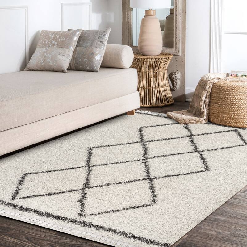 JONATHAN Y Modern Shag Plush Tassel Moroccan Tribal Geometric Trellis Area Rug