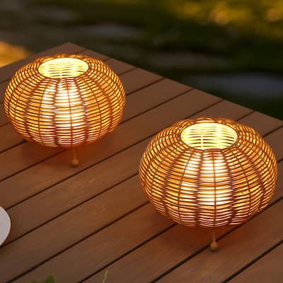 5.75" Cordless LED Rattan Dimmable Table Lamps, (Set of 2) - Indoor/Outdoor, By JONATHAN Y