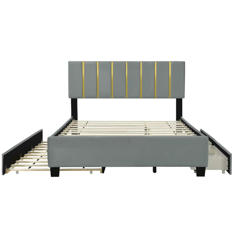 HomeRoots Gray Tufted Velvet Upholstered Queen Bed Frame With Trundle And Drawers
