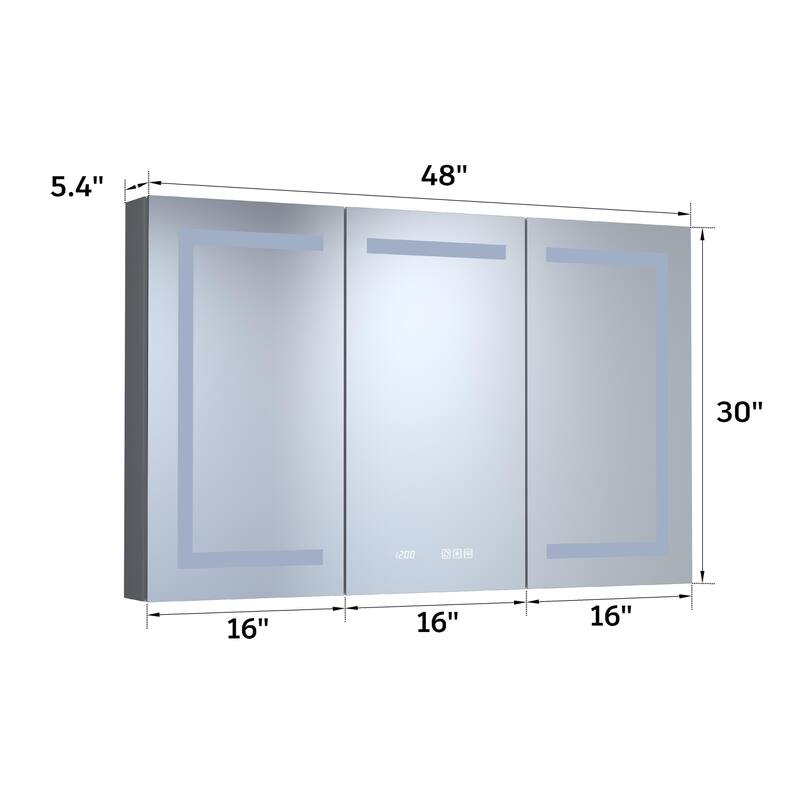 Rectangular Aluminum Recessed/Surface Mount Medicine Cabinet in Silver with Mirror LED and Clock