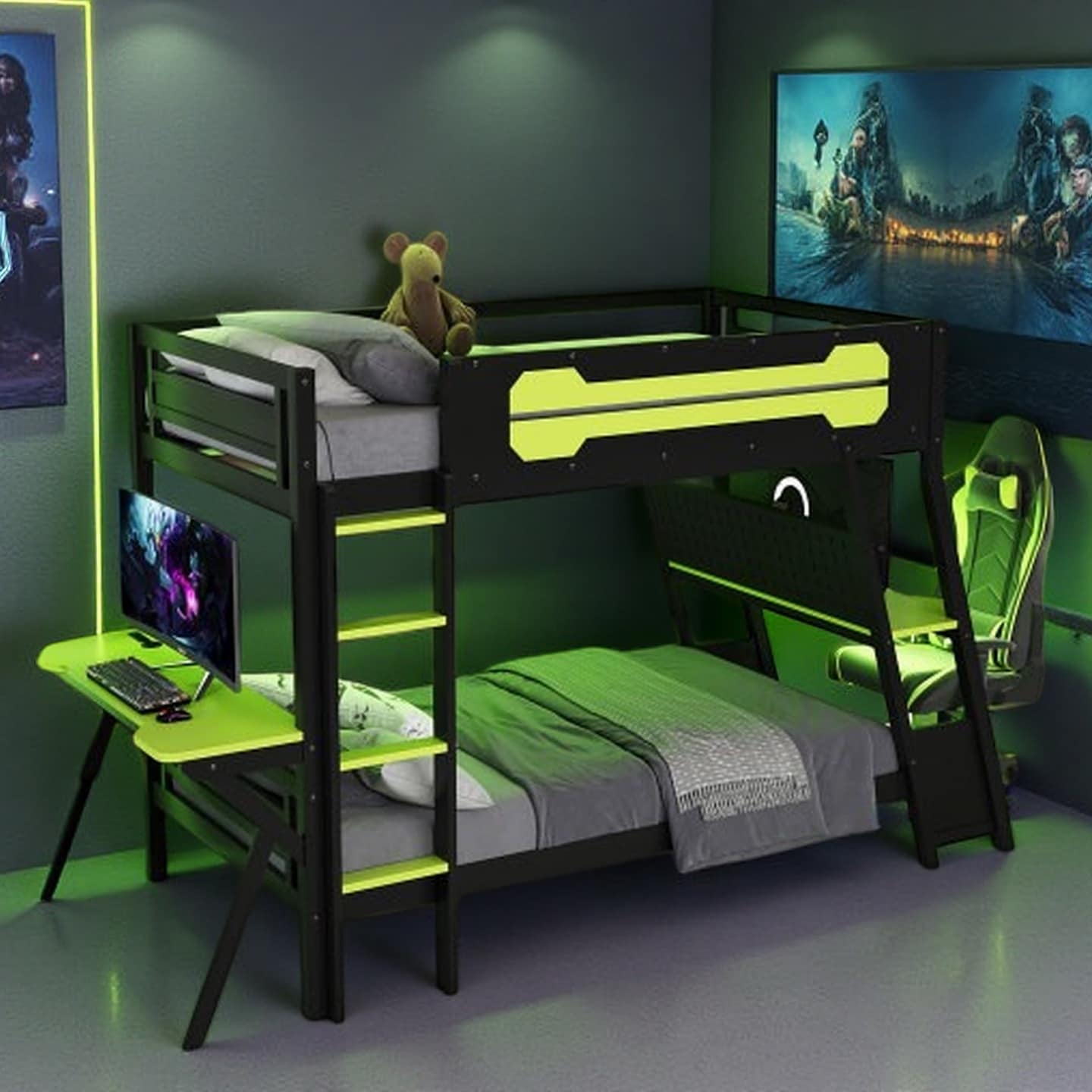 Twin Gaming Bunk Bed with Dual Workstations, Built-In USB Charging, Pegboard Accessory Storage