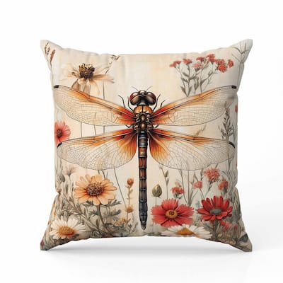 Wildflower Dragonfly Faux Suede Reversible Throw Pillow Beige and Orange