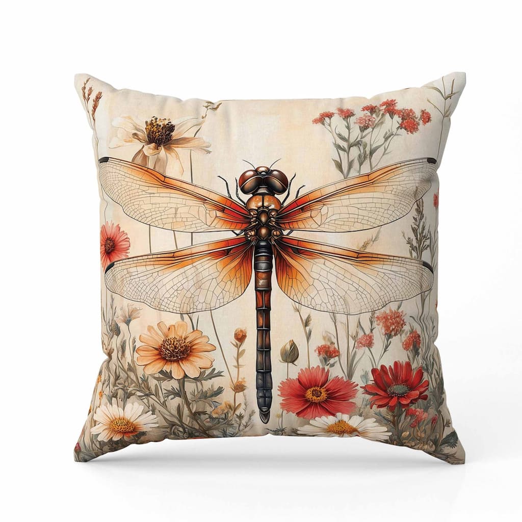 Wildflower Dragonfly Indoor/Outdoor Reversible Throw Pillow Beige and Orange