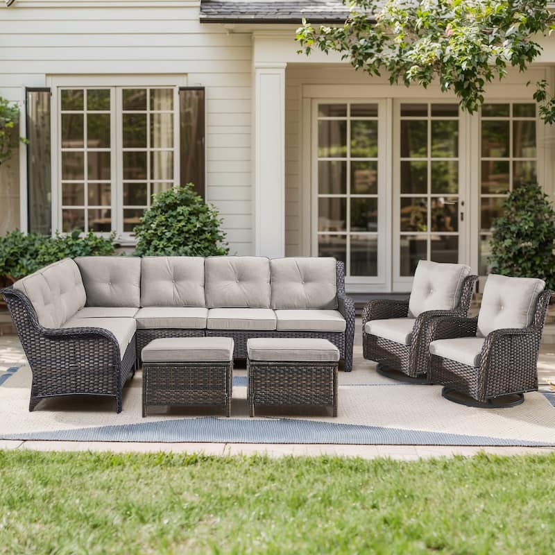 Outdoor Sectional Sofa Furniture Set - Brown Rattan - Beige Cushion - Sectional Sofa with Swivel Chair Ottomans