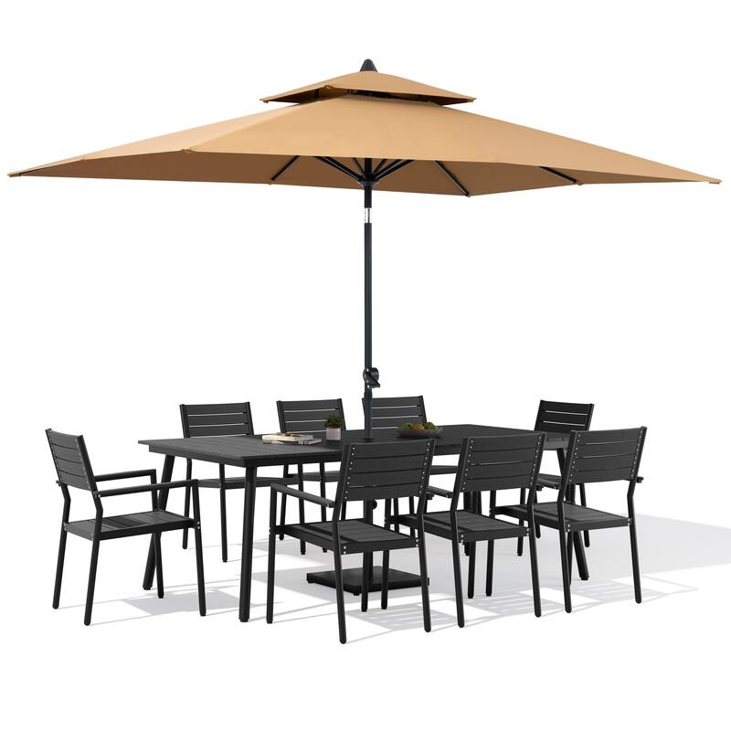 11-Piece Patio Dining Set w/10 ft Umbrella and Base, Rectangle Aluminum Table and 8 Stackable Chairs