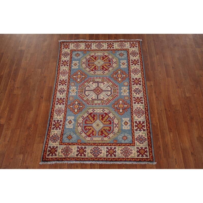 Blue Geometric Kazak Foyer Rug Hand-Knotted Wool Carpet - 3'5" x 4'11"