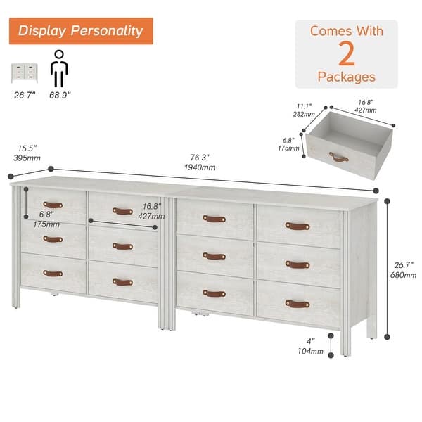 dimension image slide 2 of 4, Wood Dresser for Bedroom with Fabric Drawer, Classic Storage Organizer