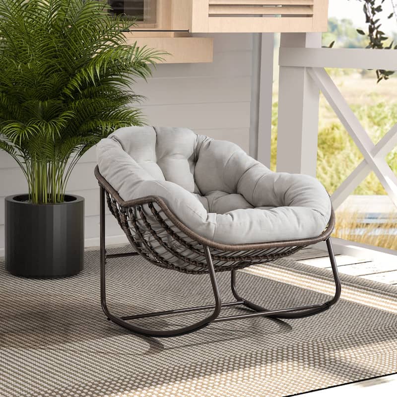 Outdoor Rattan Rocker Recliner Chair With Polyester Padded Cushion
